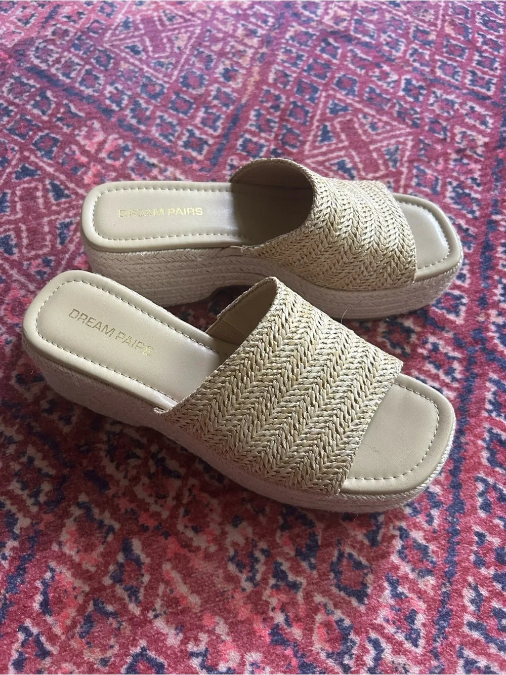 Dream Pairs Neutral Beige Woven Platform Wedge Slides